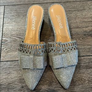 J.Renee Glittering Silver Mules with Bow Detail
